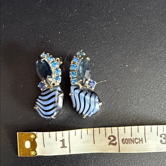 Jewelry - Vintage Blue and Black Striped Earrings with blue stones clip on earrings